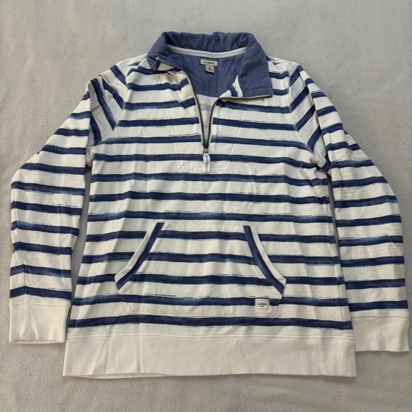 L.L. Bean Other - L.L. Bean Mens Organic Cotton Quarter Zip Pullover Blue White Striped M 514019